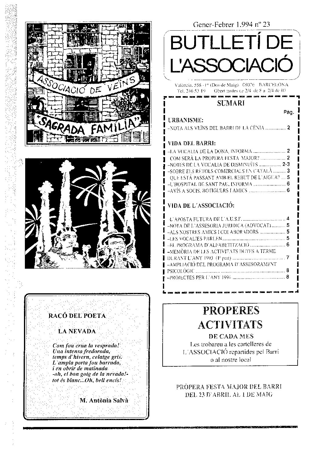 1994 GENER – FEBRER NÚM. 23 Associació de Veïns SAGRADA FAMÍLIA
