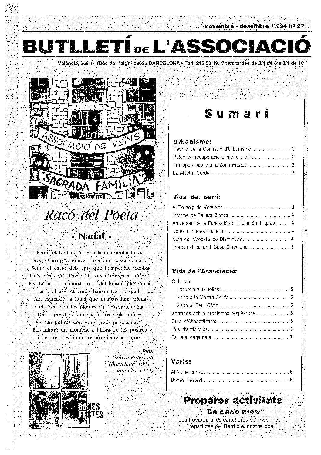 1994 NOVEMBRE – DESEMBRE NÚM. 27 Associació de Veïns SAGRADA FAMÍLIA