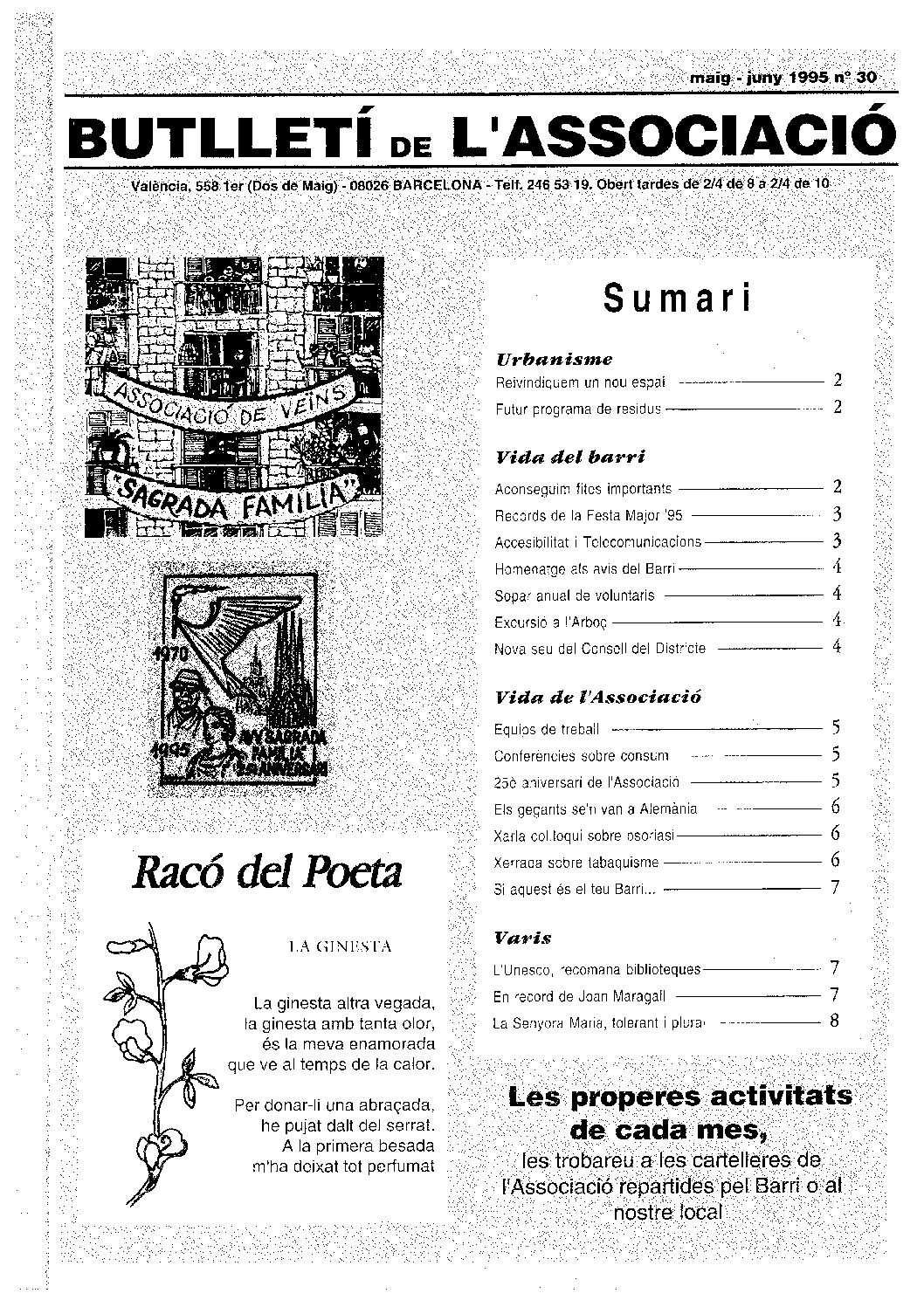 1995 MAIG – JUNY NÚM. 30 Associació de Veïns SAGRADA FAMÍLIA