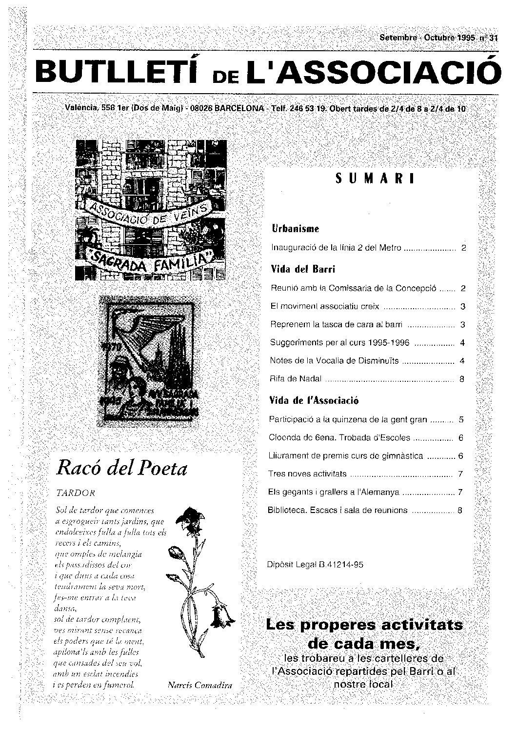 1995 SETEMBRE – OCTUBRE NÚM. 31 Associació de Veïns SAGRADA FAMÍLIA