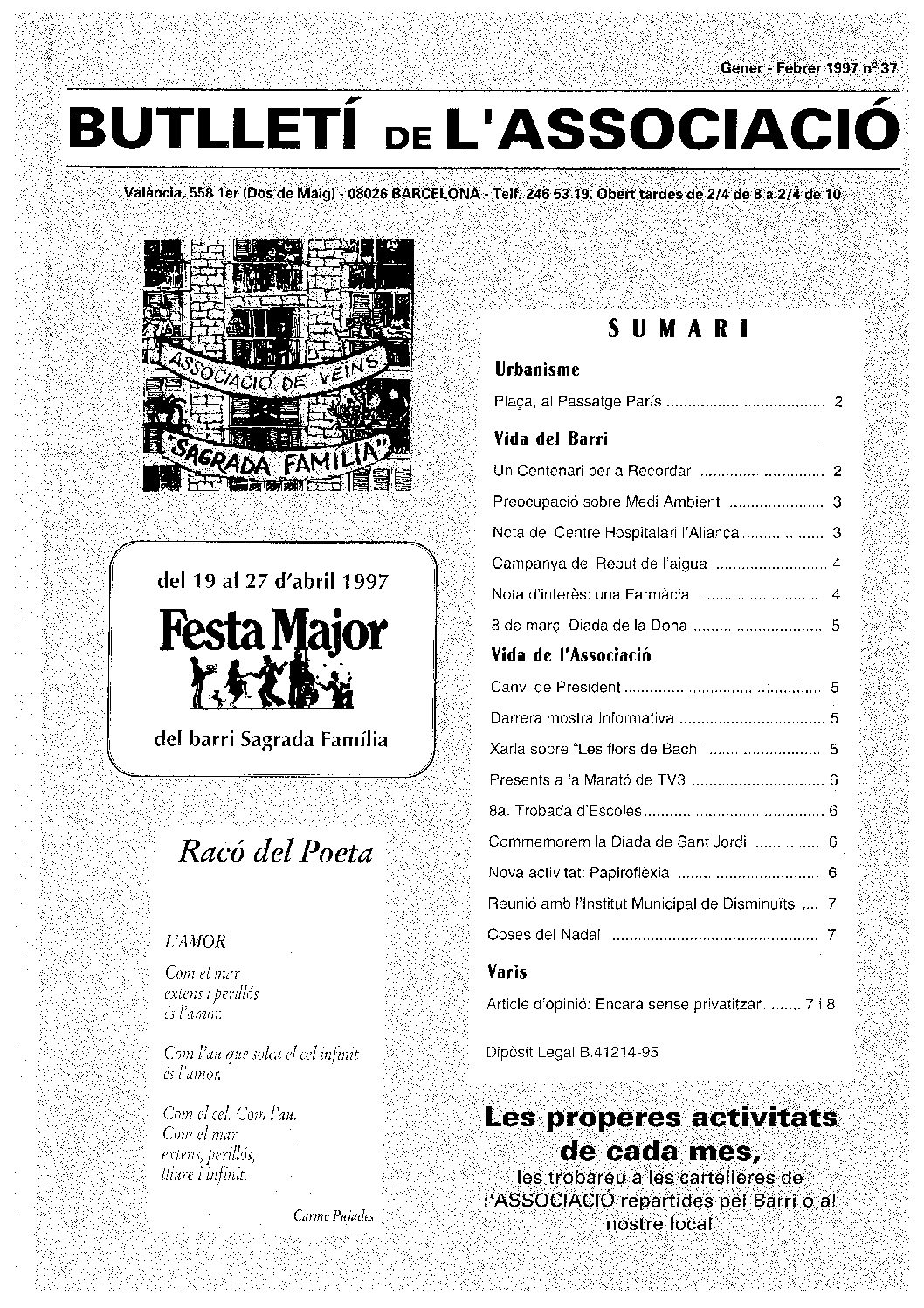 1997 GENER – FEBRER NÚM. 37 Associació de Veïns SAGRADA FAMÍLIA