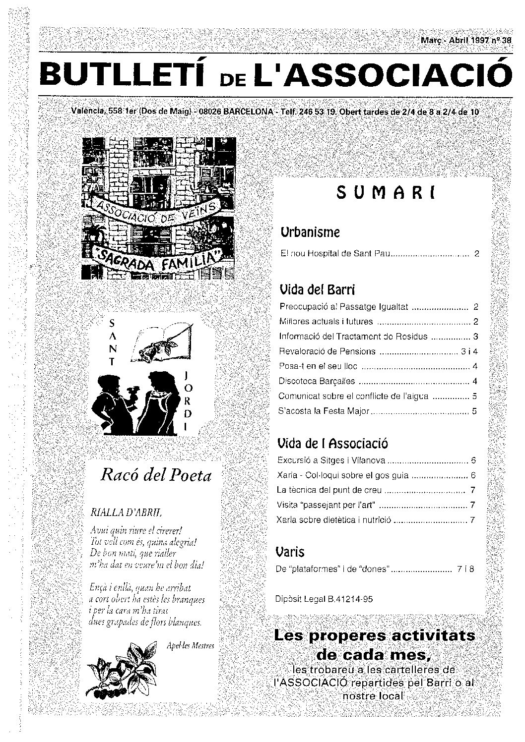 1997 MARÇ – ABRIL NÚM. 38 Associació de Veïns SAGRADA FAMÍLIA