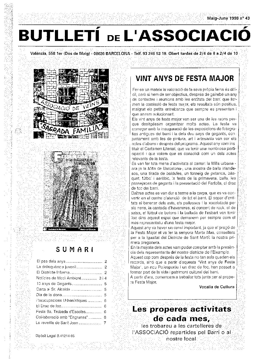 1998 MAIG – JUNY NÚM. 43 Associació de Veïns SAGRADA FAMÍLIA