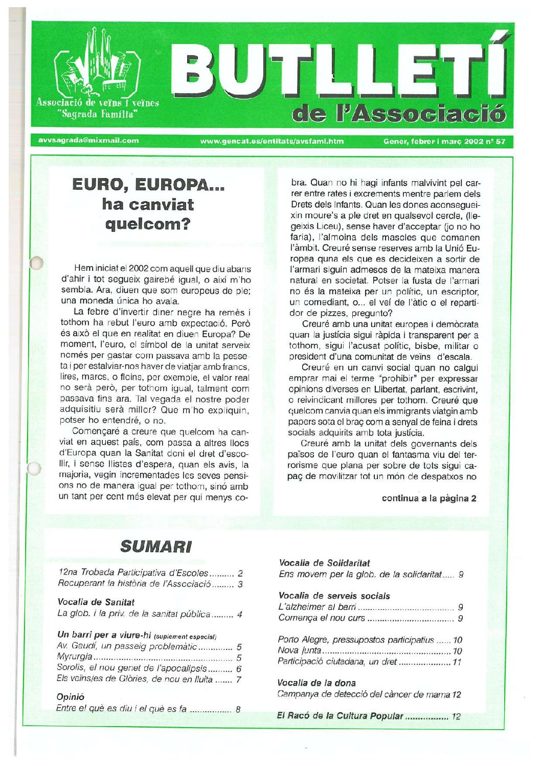2002 GENER – FEBRER – MARÇ NÚM. 57 Associació de Veïns SAGRADA FAMÍLIA
